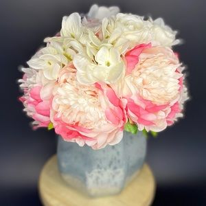 Blushing Elegance: Faux Pink Hydrangea and Peony Centerpiece in a Silver Vase
